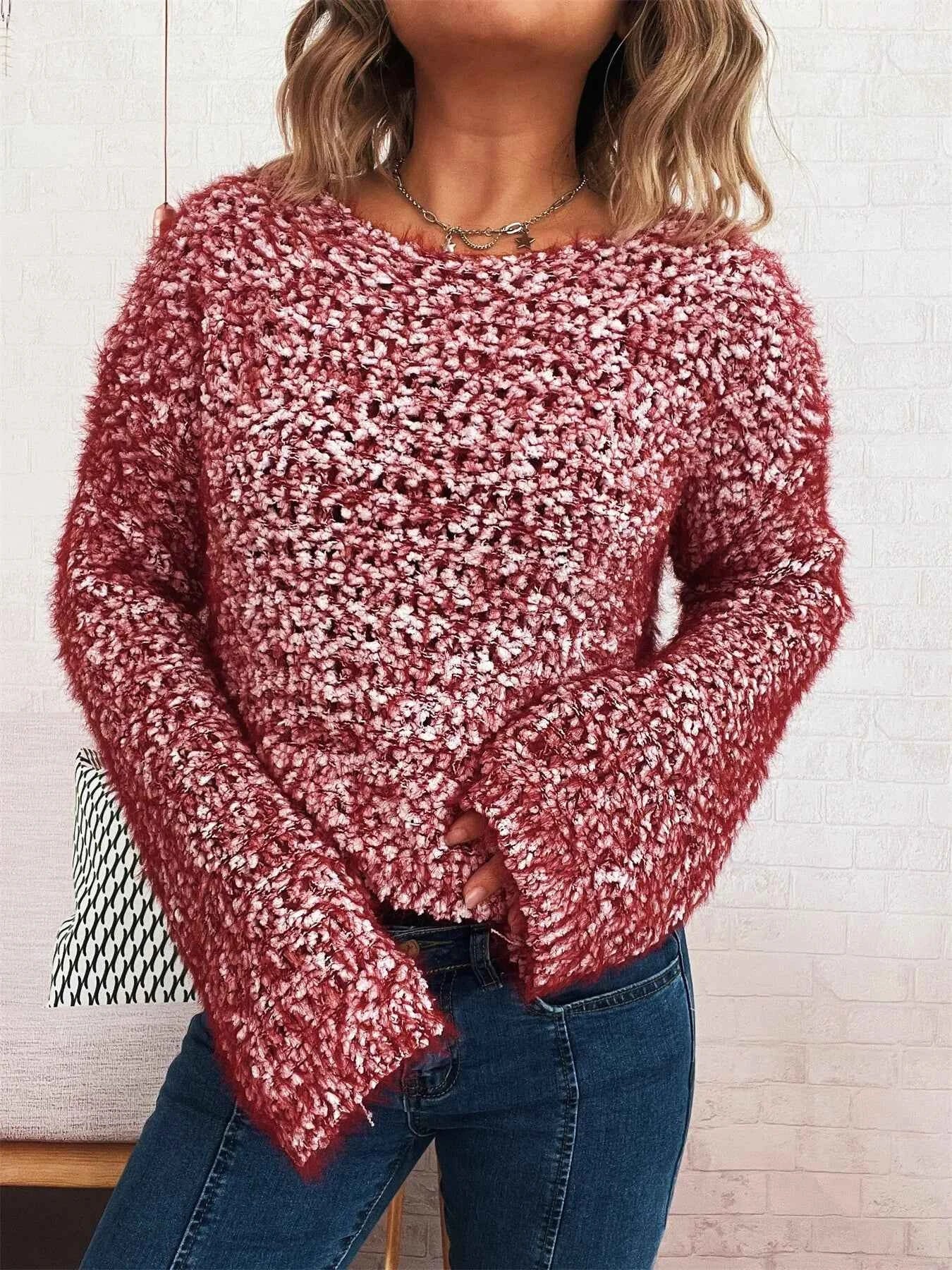 Crochet Round Neck Dropped Shoulder Sweater Burgundy One Size f000d3b8eeb041418d003e5c0cce1784-Max-Origin