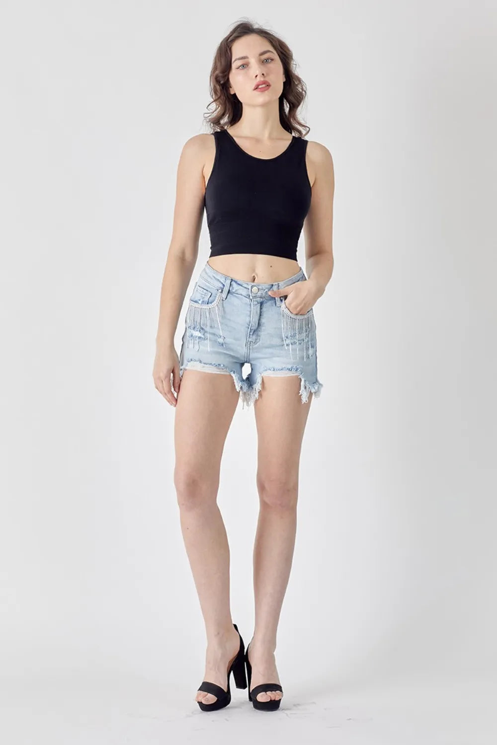 RISEN Frayed Hem Denim Shorts with Fringe Detail Pockets f018e11c-899a-4559-a234-ade822ef3712-Max