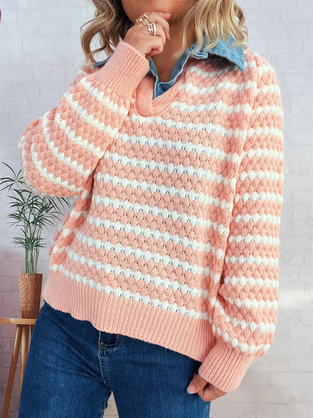 Contrast Striped Sweater with Denim Collar f01c255a5af74fc6a51049849cb705e1-Max-Origin