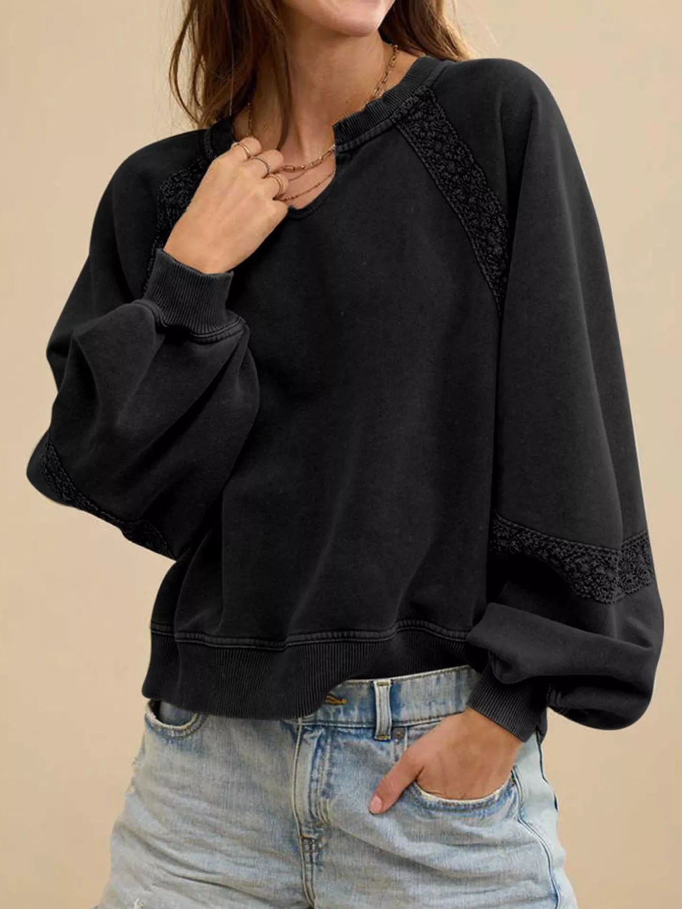 Lace Detail Notched Long Sleeve Sweatshirt Black f02b36d3-eceb-4273-a773-d619fee31fe4-Max-Origin