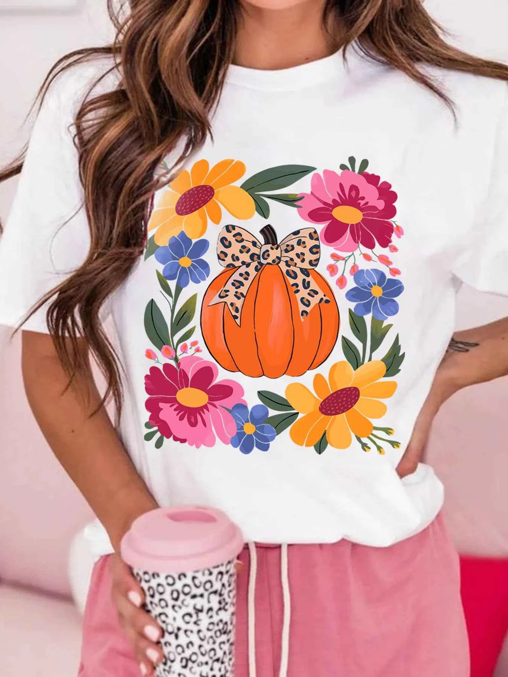 Pumpkin Floral Graphic Round Neck T-Shirt f02ca710ca994c54ae52d20a48214a38-Max-Origin