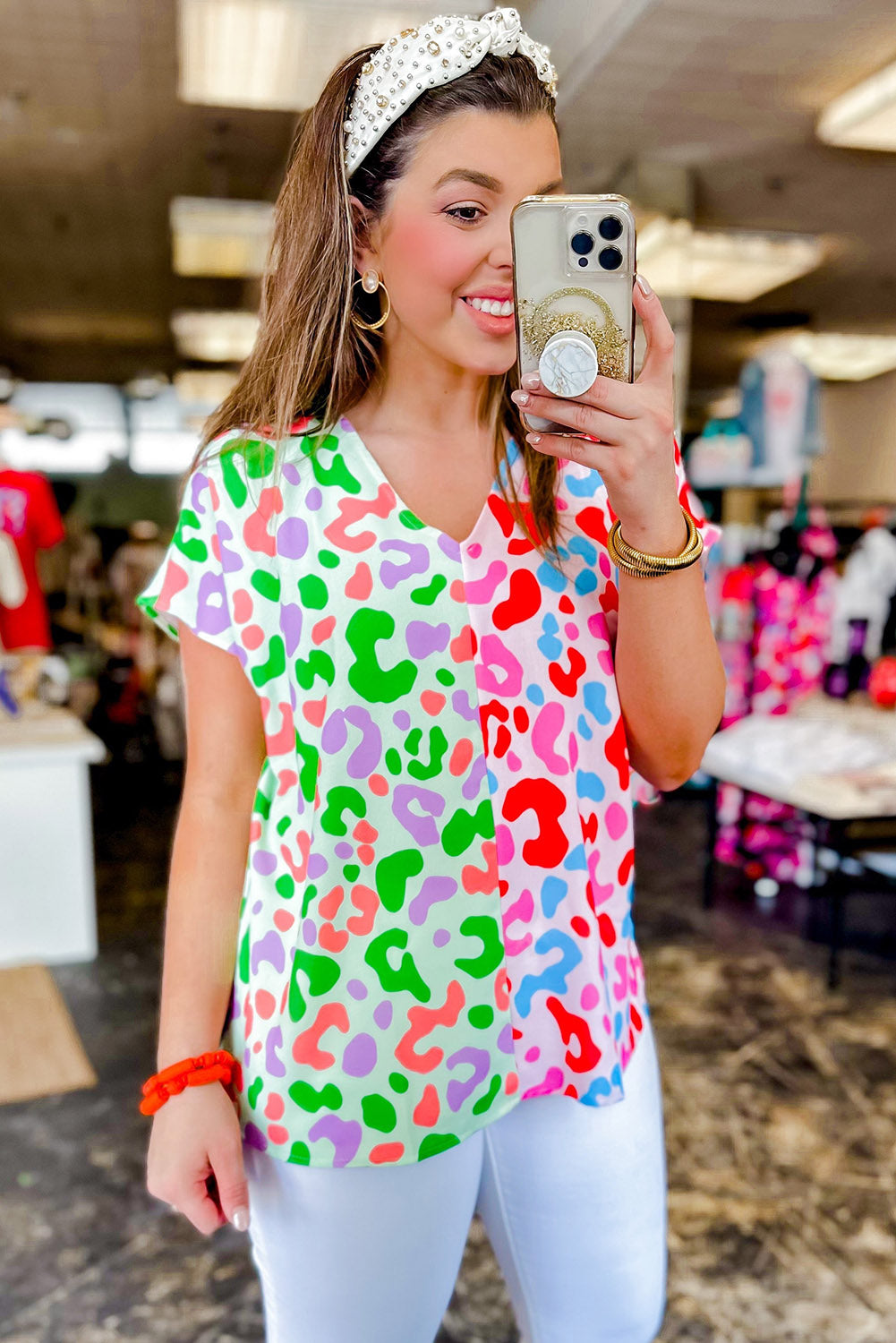 Green Leopard Print Patchwork V Neck Short Sleeve Blouse f0471314914a57c1