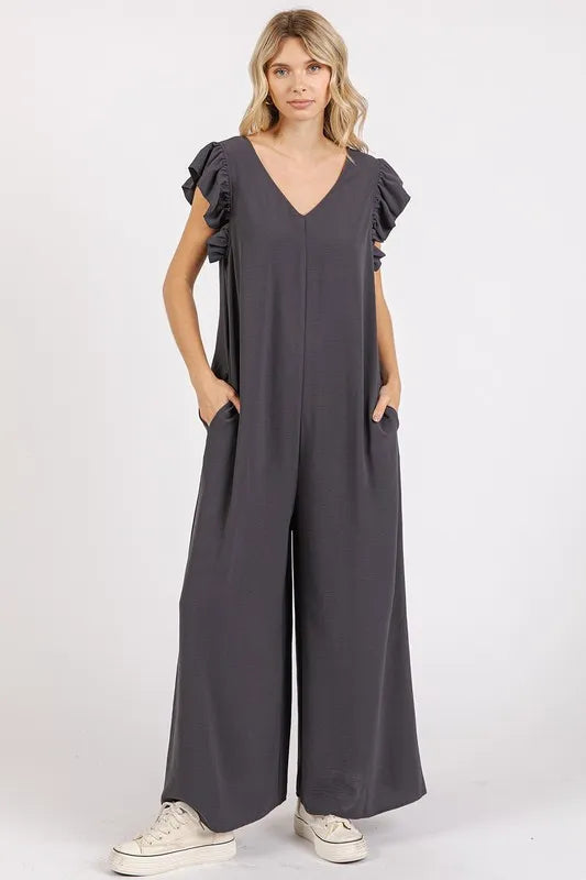 Mittoshop V-Neck Ruffled Cap Sleeve Wide Leg Jumpsuit Charcoal f061b69c-616d-4a2c-9179-3fd3b5ae3853-Max