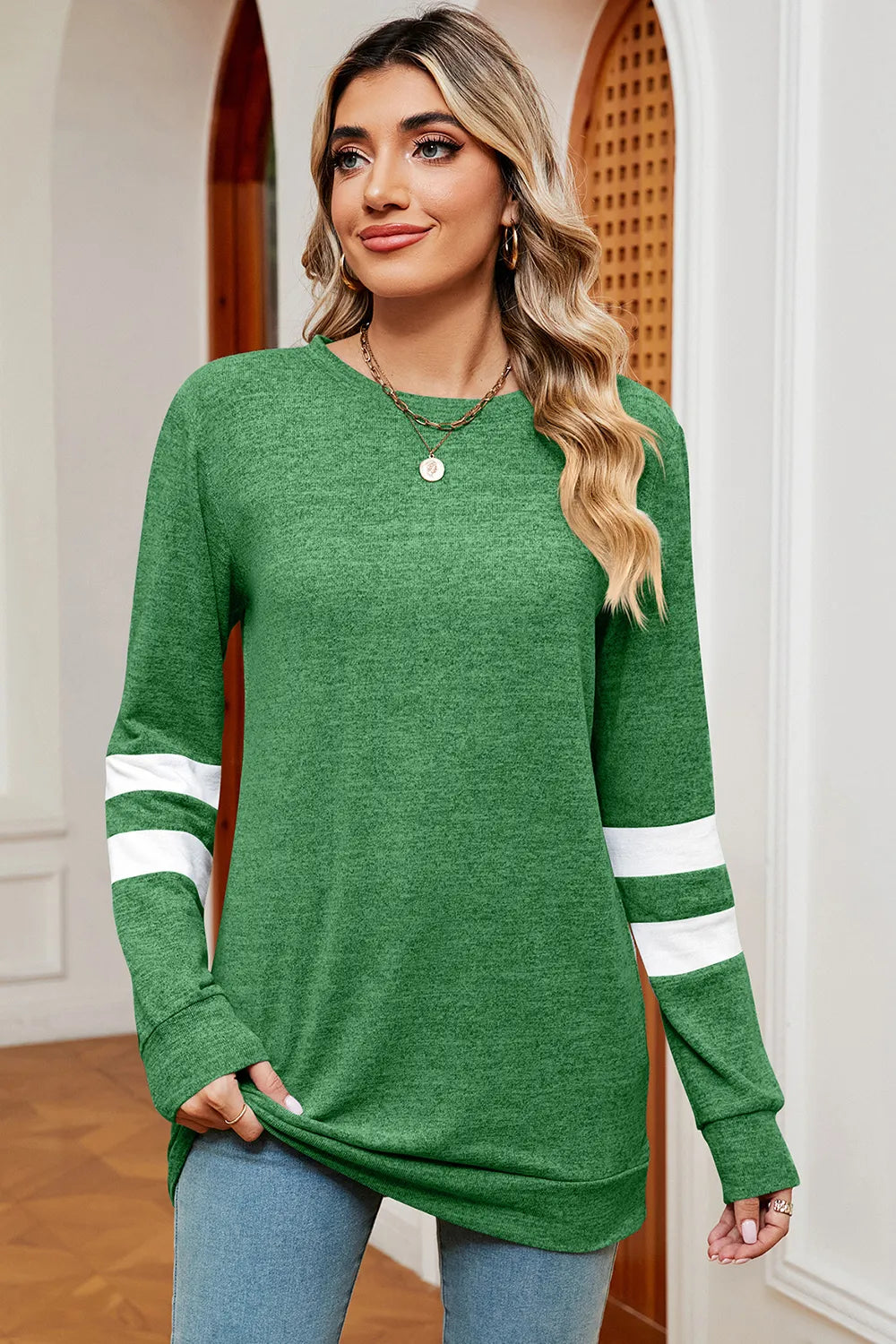 Striped Heathered Round Neck T-Shirt Green f06838c8-2ec2-437a-89e1-bd776b18abd5-Max