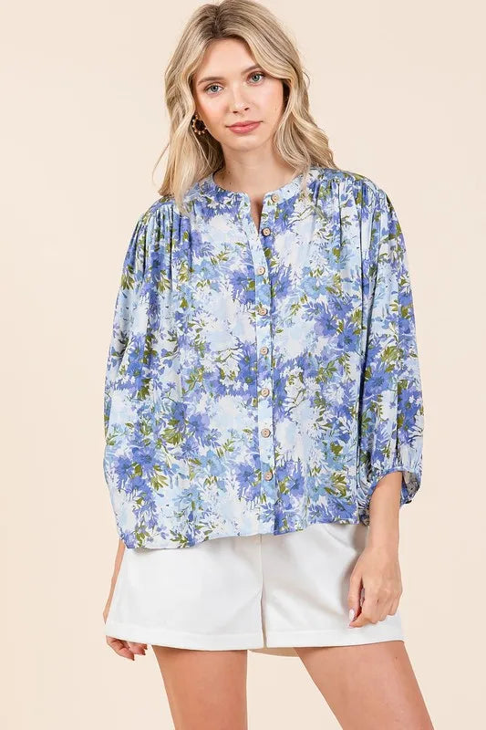 Mittoshop Flower Print Batwing Sleeve Button Down Blouse Blue f07a1374-a83c-4c8f-8132-f89358608eb6-Max