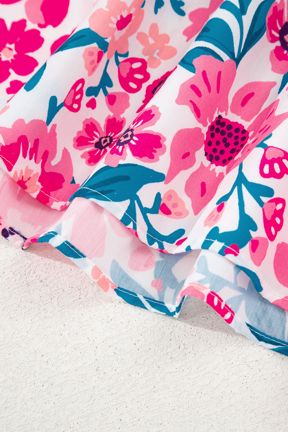 Pink Floral Print Striped Trim Puff Sleeve Blouse f092ba04c16aaaf4