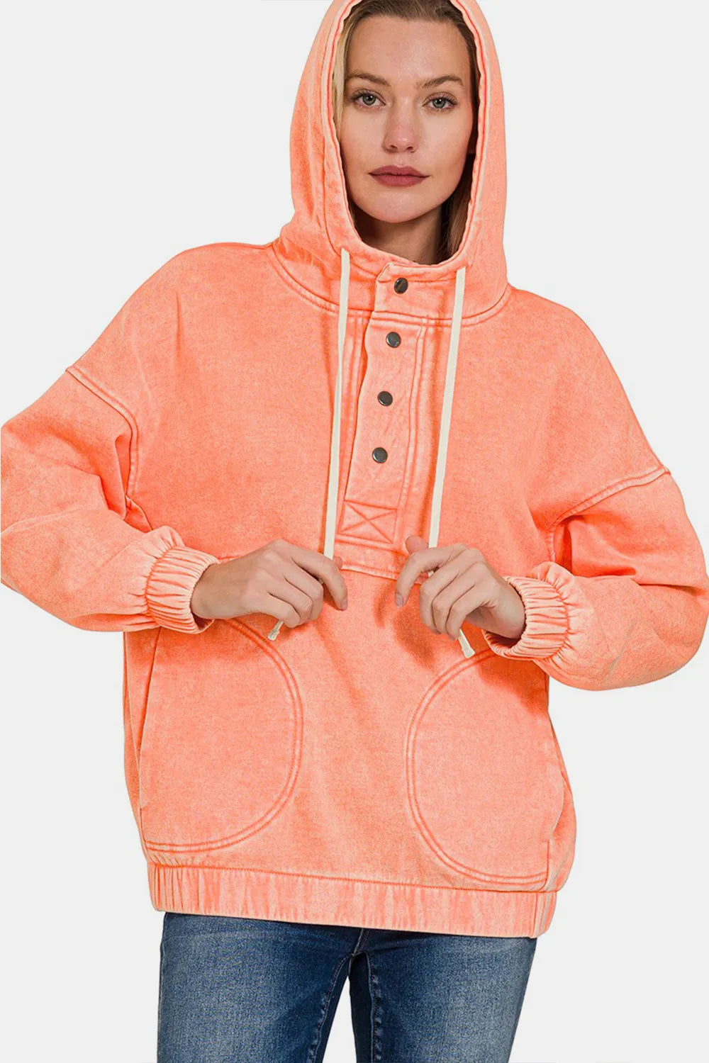 Zenana Drawstring Half Snap Dropped Shoulder Hoodie CORAL f097eff6-4b40-4487-bd98-10300c98ca1f-Max