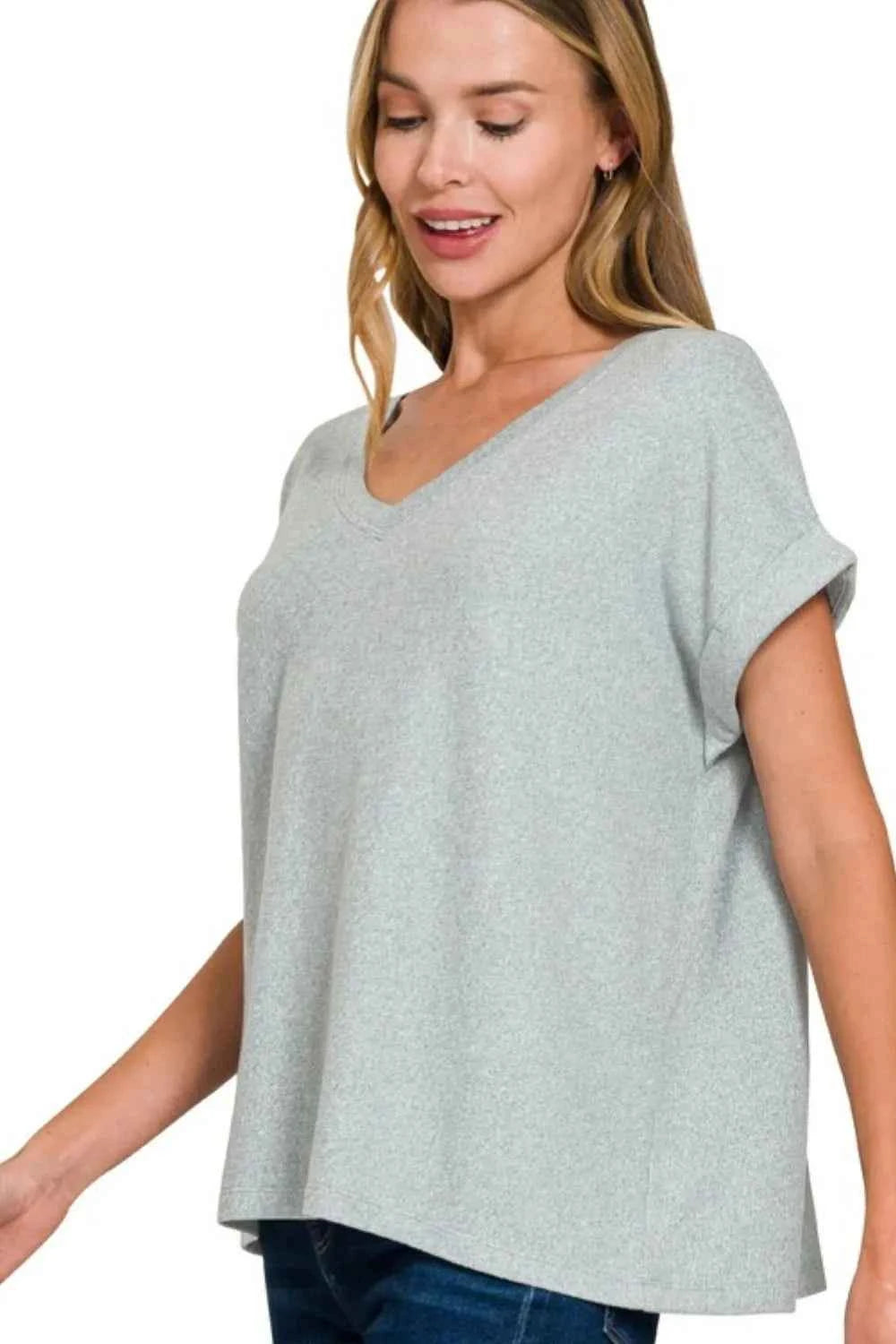 Zenana Soft Melange Hacci V-neck Tee BLUE GREY f0b9f639-357b-44ca-bea2-4fd6f13105b2-Max-Origin