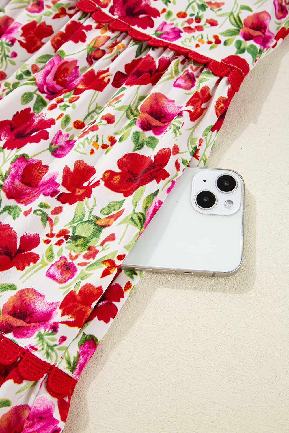 Red Floral Puff Sleeve Tiered Ric Rac Pocketed Mini Dress f0bfd2334976a659