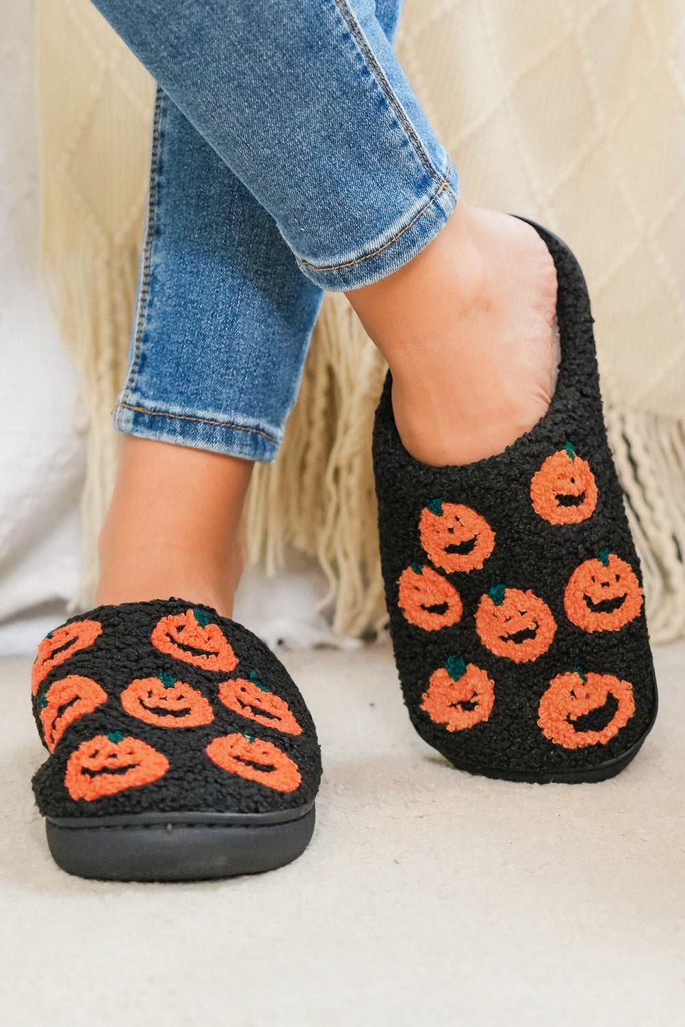 Black Halloween Pumpkin Plush Home Slippers f0d694861fdcb2b3