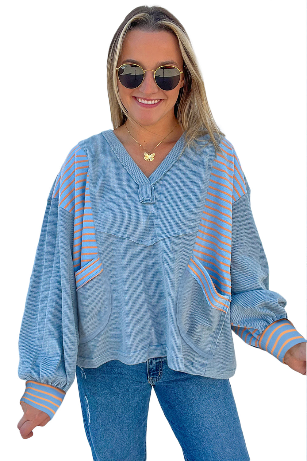 Dusk Blue Exposed Seam Waffle Striped Patchwork Baggy Pullover f0e85bf752352bcb
