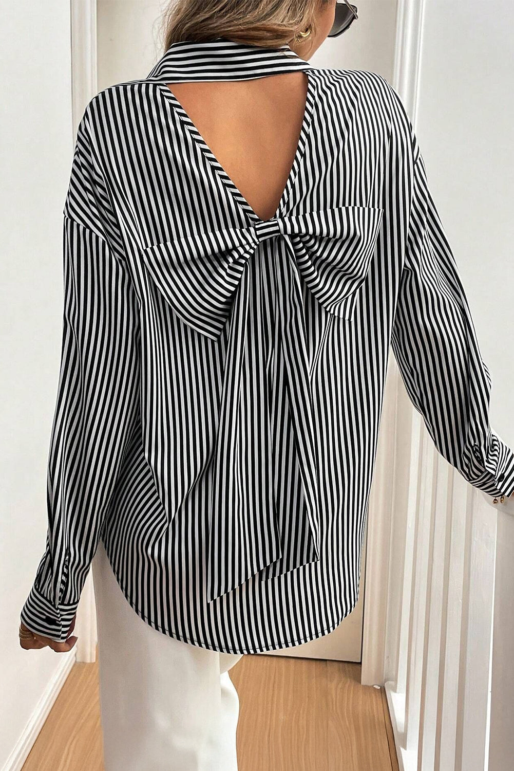 Black Striped Bow Backless Button Shirt Black Stripe f0f13dd964631e1a