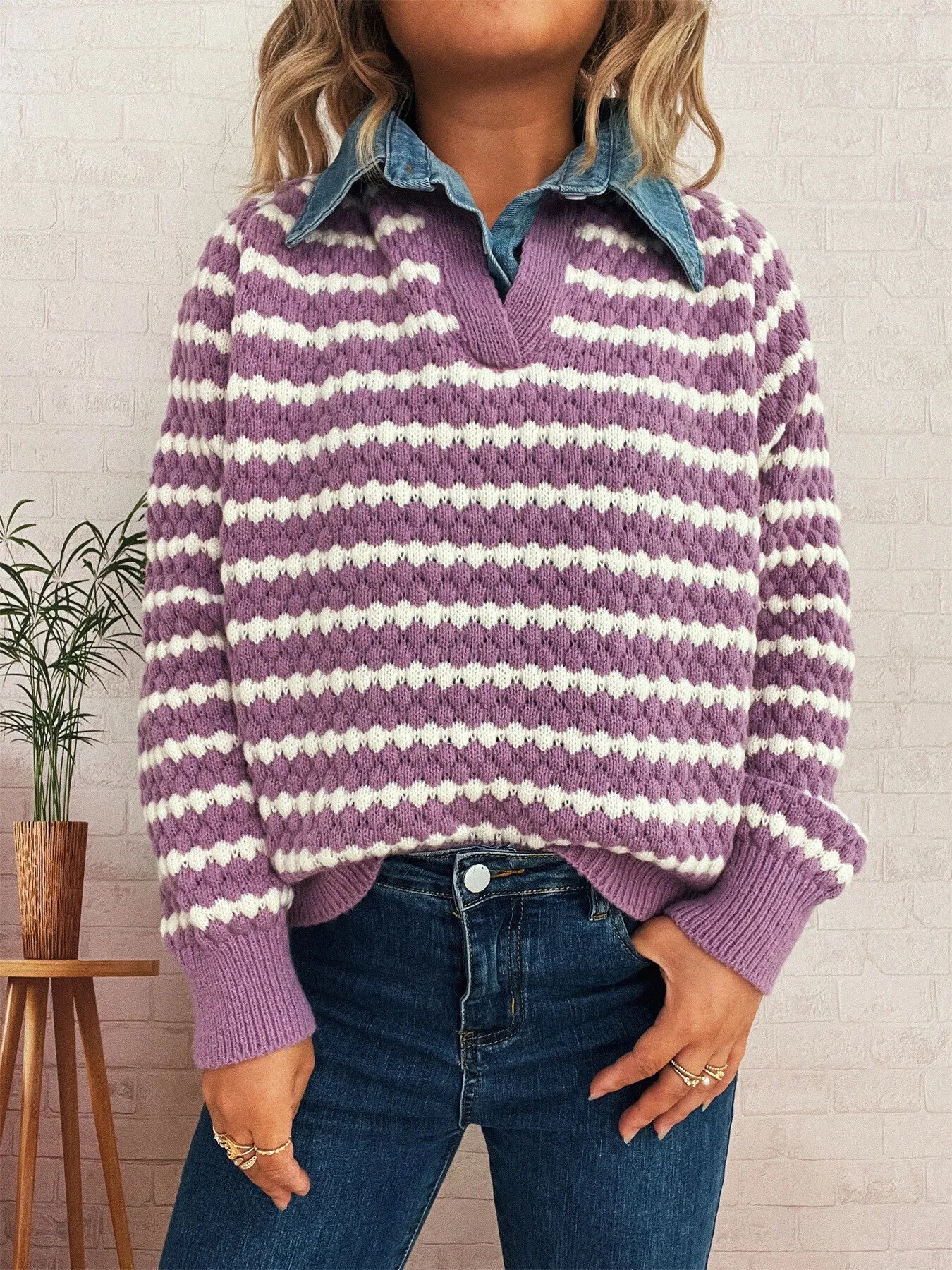 Contrast Striped Sweater with Denim Collar Purple One Size f0f942e2cee8403a868347d5327d1b1b-Max-Origin