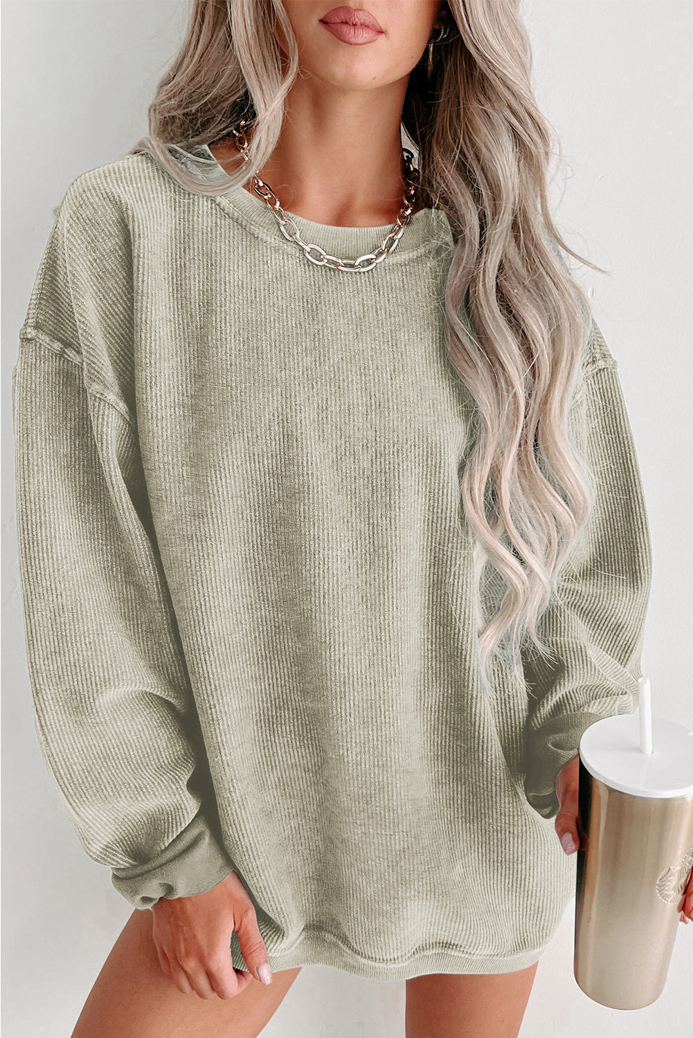 Green Ribbed Round Neck Drop Sleeve Pullover Sweatshirt Green 100%Polyester f11258d6c945d0d1