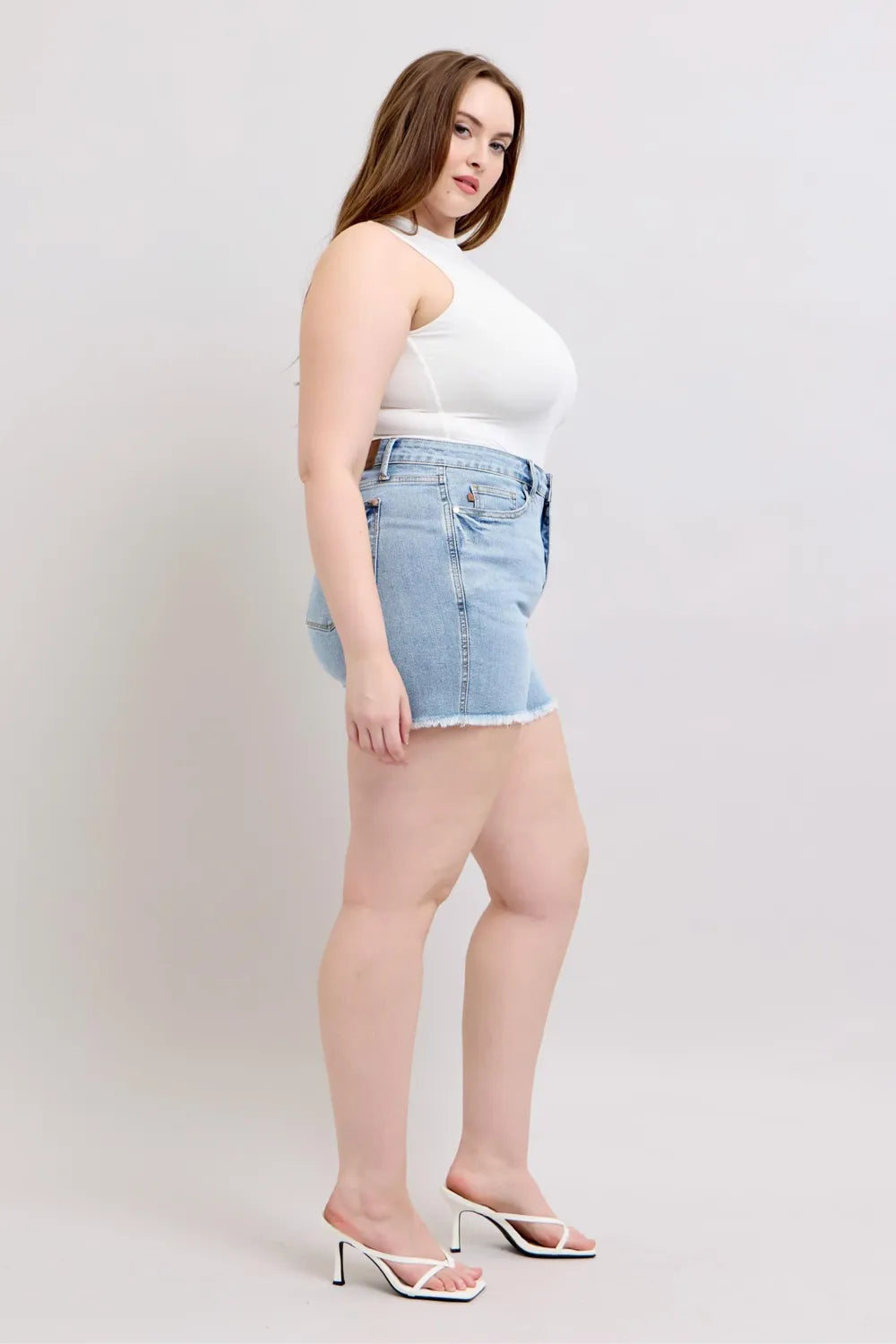 Judy Blue Full Size Tummy Control Raw Hem Denim Shorts Plus Size f1249792-ff3e-471d-ae61-a30cee9b846c-Max