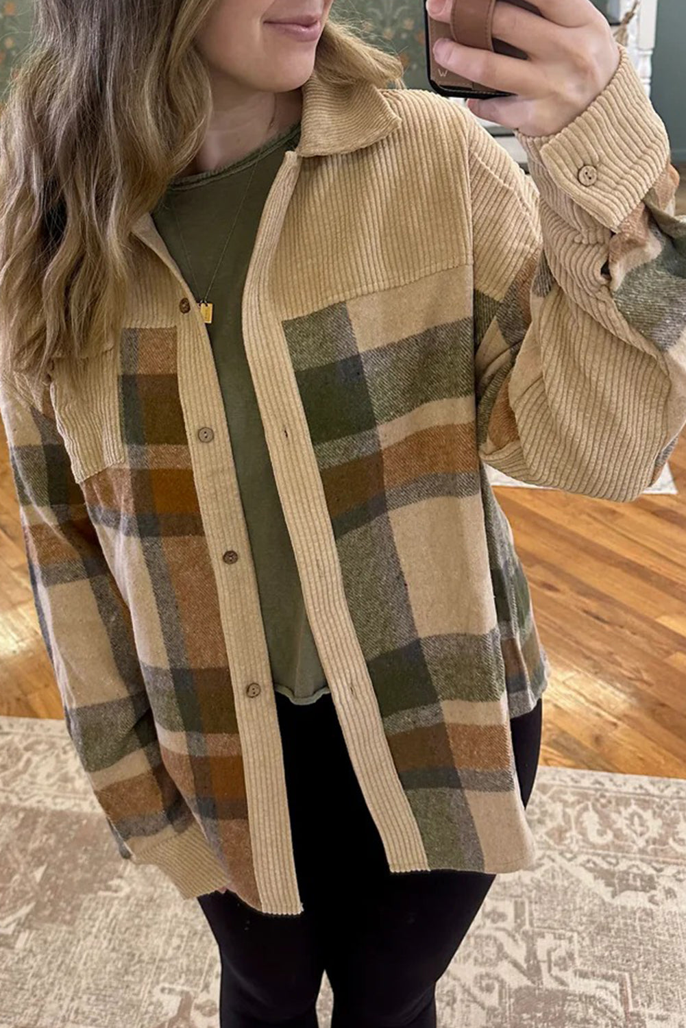 Parchment Plaid Patchwork Long Sleeve Shacket f130186a9159a3e0