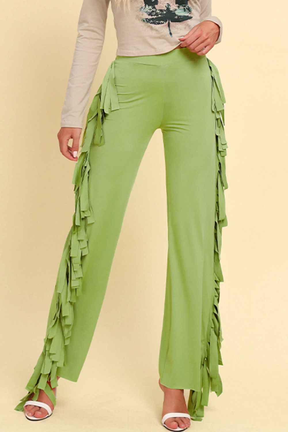Fringe Trim Wide Leg Pants Yellow-Green f13e0a3dd9d24db4899b30f9cc624266-Max