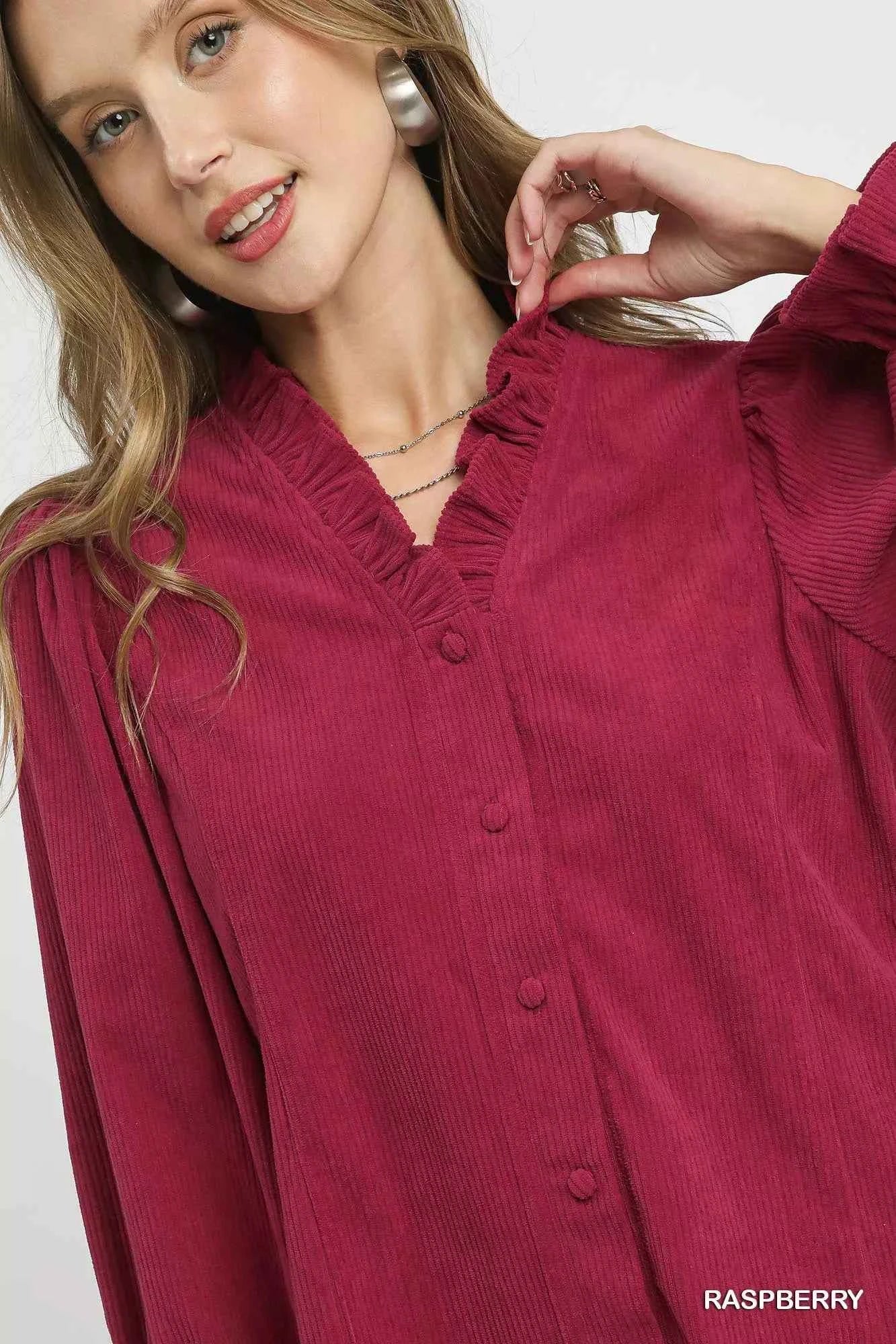 Umgee Corduroy Ruffle Shirt with Long Puff Sleeves f14358a9-bc19-4bf5-b024-0db158b4828c-Max-Origin