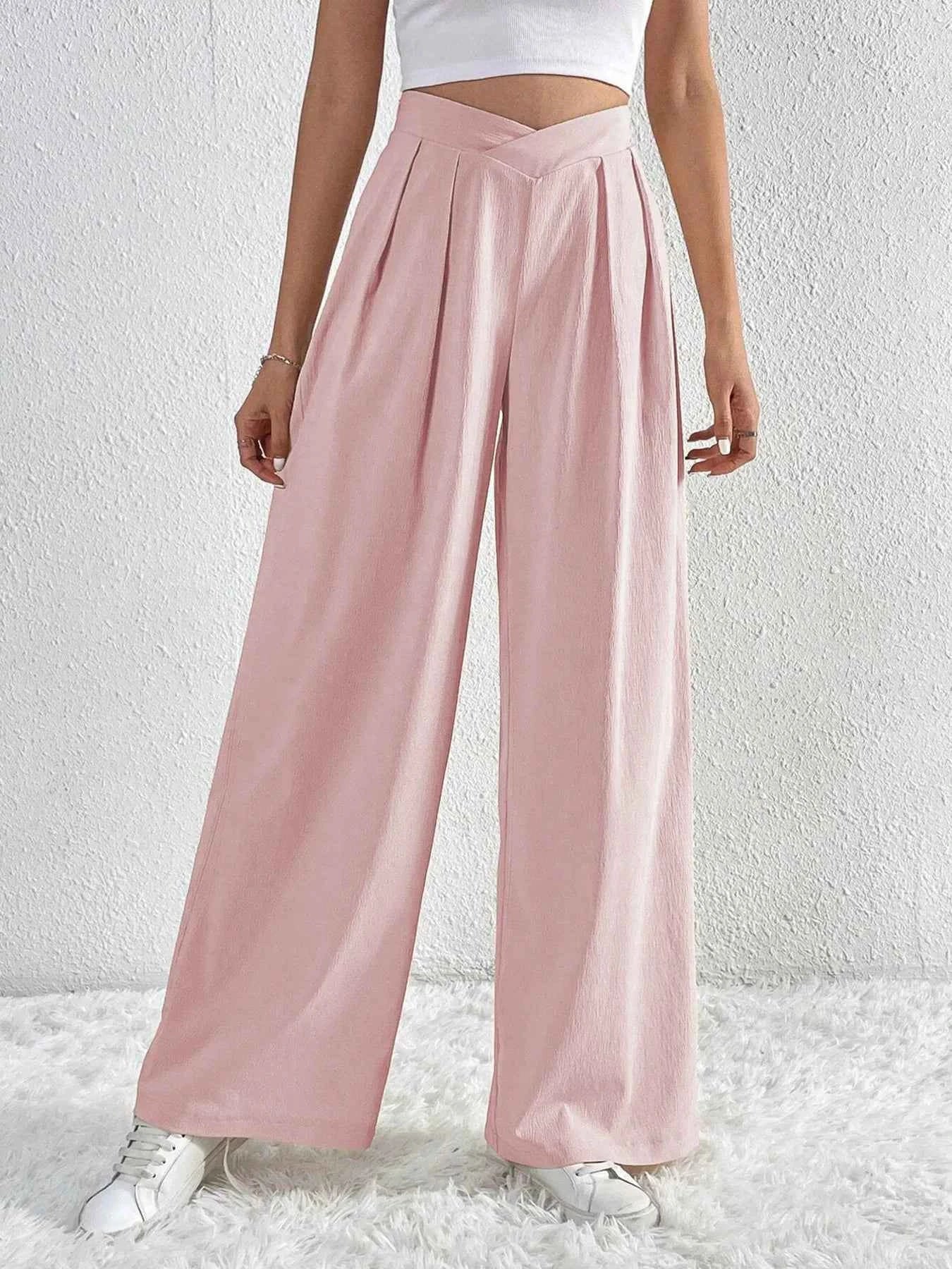 V-Waisted Ruched Front Wide Leg Pants f147f6aa15b8425b9be2330ef47f7949-Max-Origin
