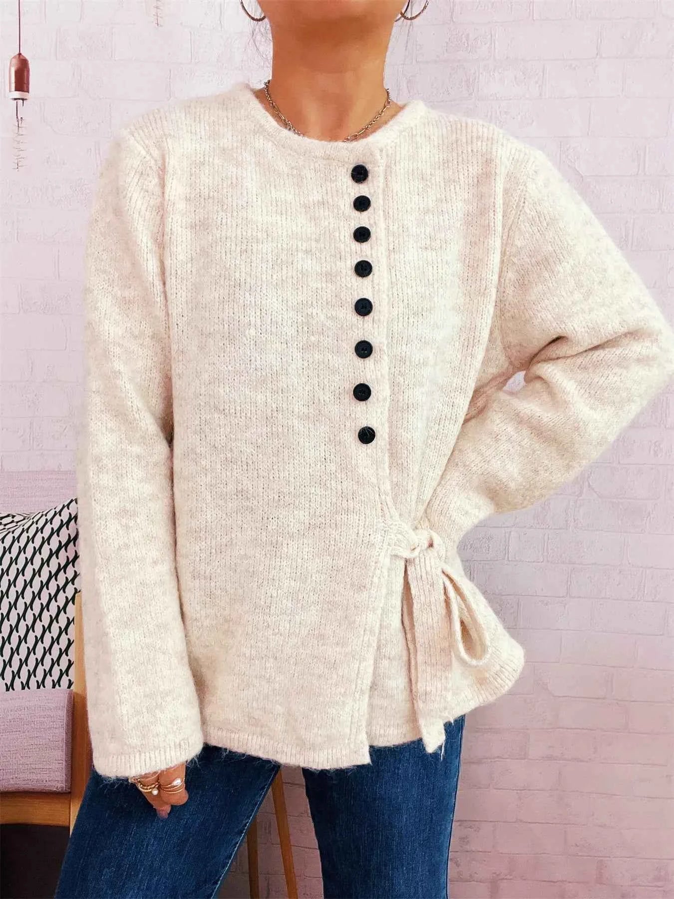 Button-Front Side-Tie Sweater f14b90d9ba224b43b5887d01944fbd22-Max-Origin