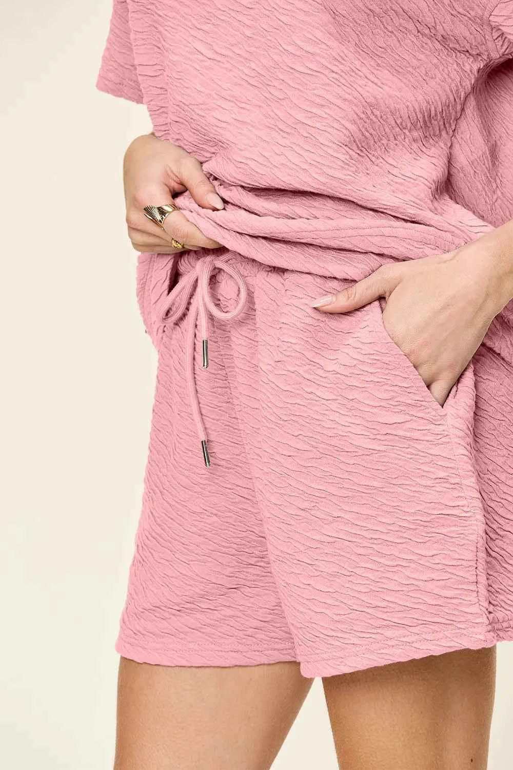 Double Take Full Size Texture Short Sleeve T-Shirt and Drawstring Shorts Set f1512592-8dca-4883-b4aa-e42aee97010d-Max