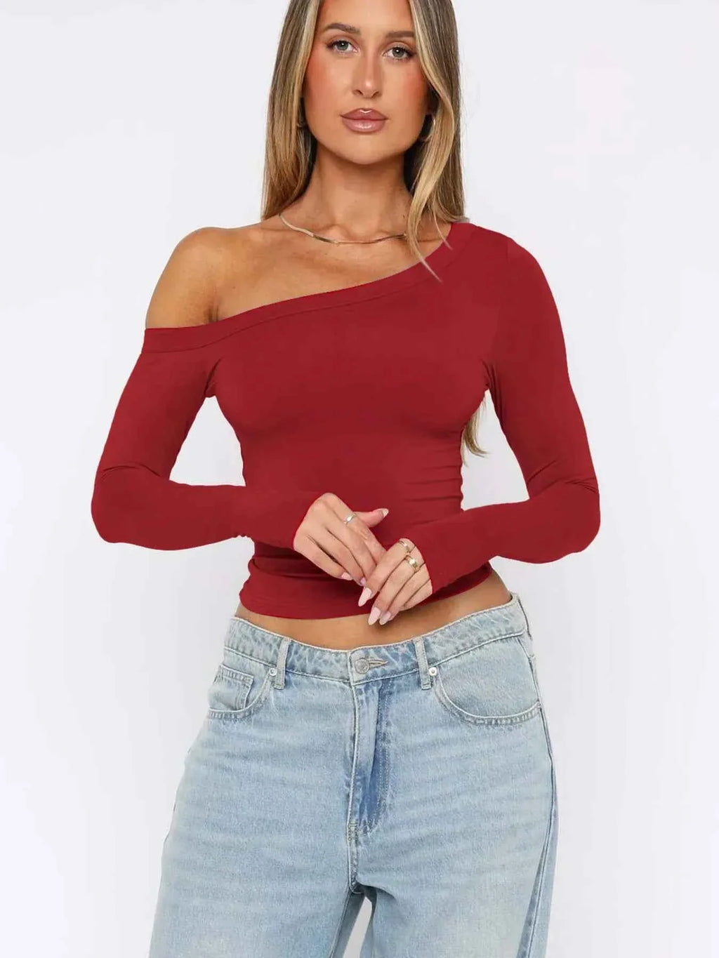 One Shoulder Long Sleeve Crop T-Shirt f16bf4f69d1a47e3b8d550c8008fc94e-Max-Origin