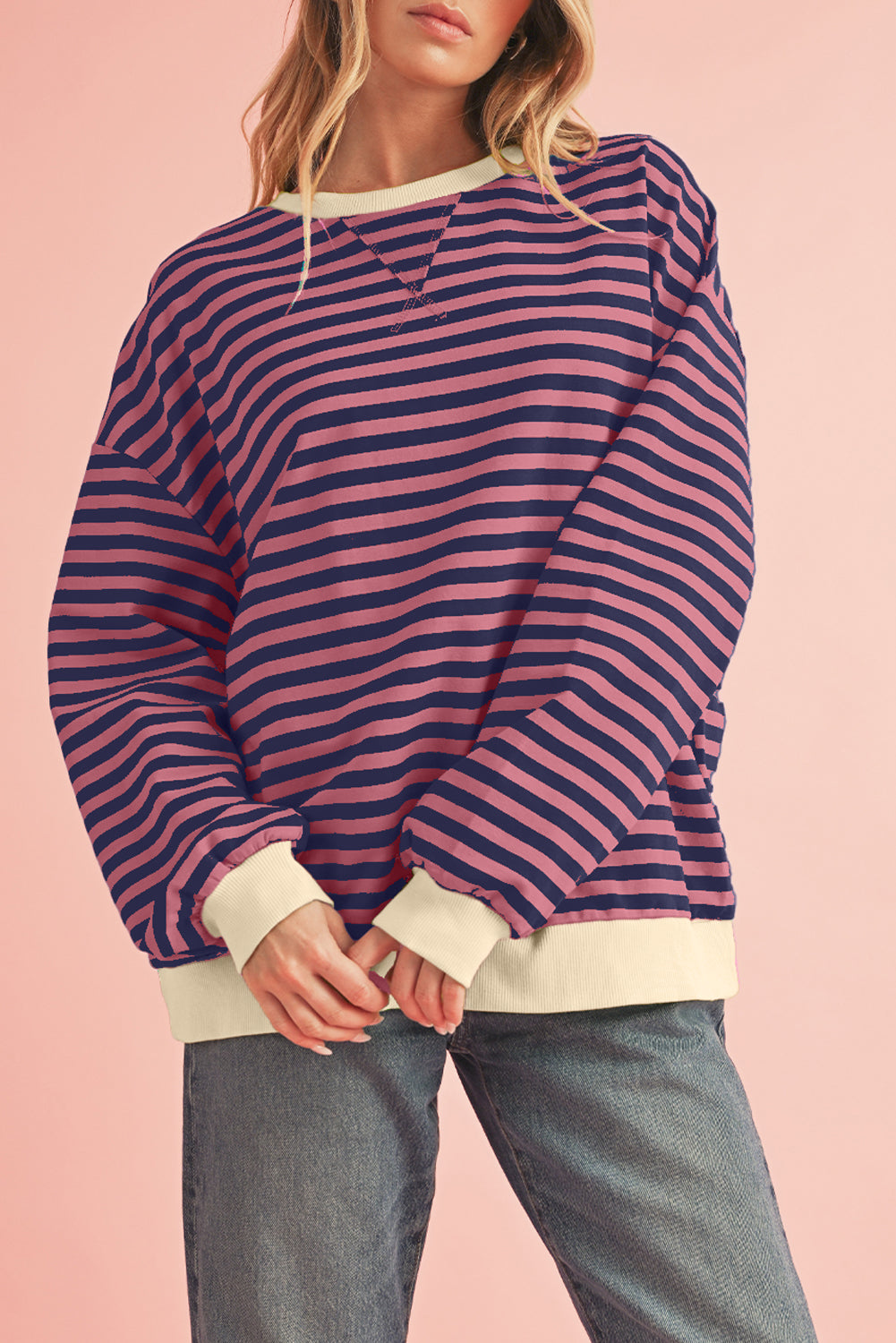 Black Stripe Contrast Edge Cross Seam Oversized Sweatshirt f194acbb2a409f74