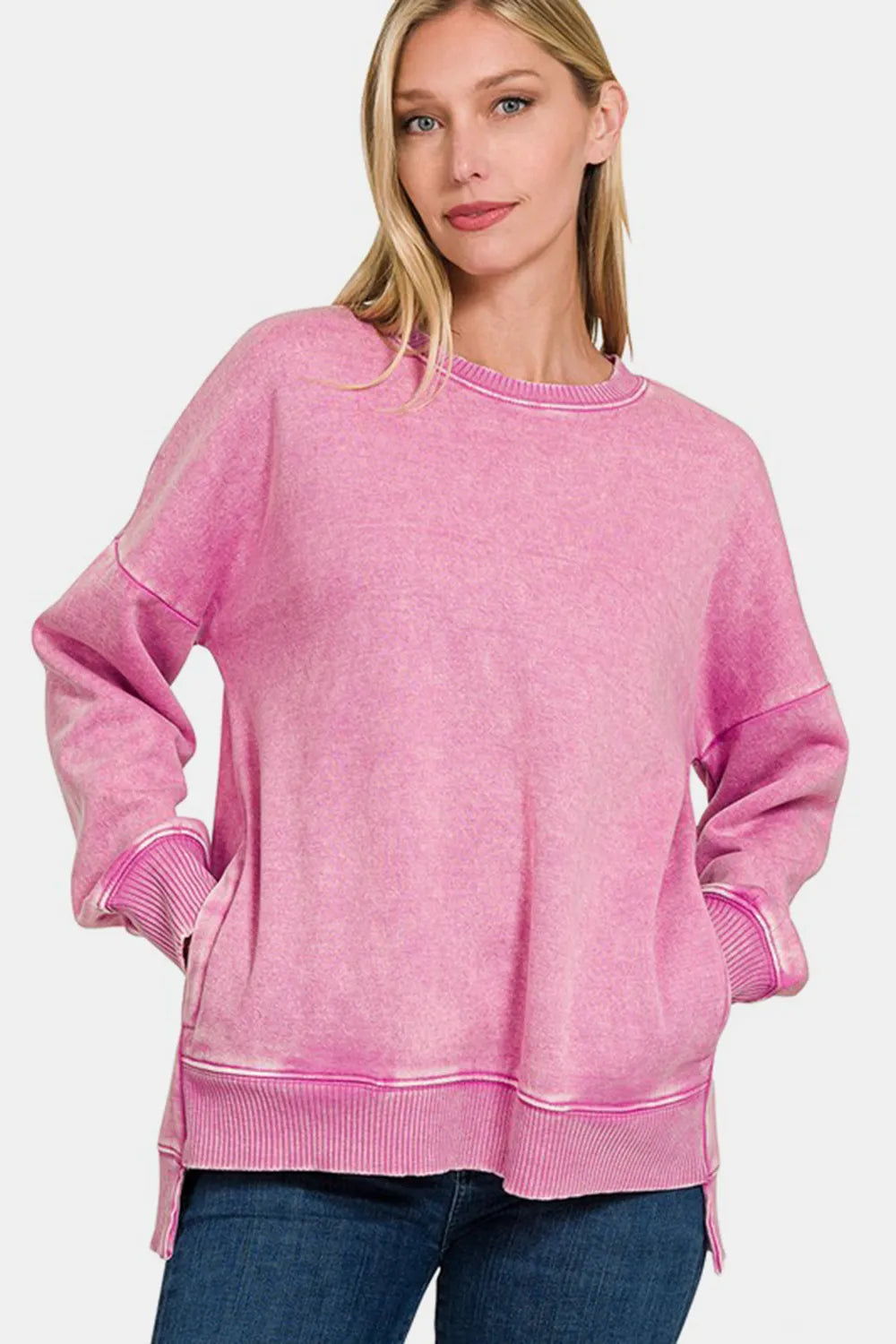 Zenana High-Low Acid Wash Fleece Sweatshirt f1a1e29d-5f12-49e7-9a86-a1f4d43fe338-Max