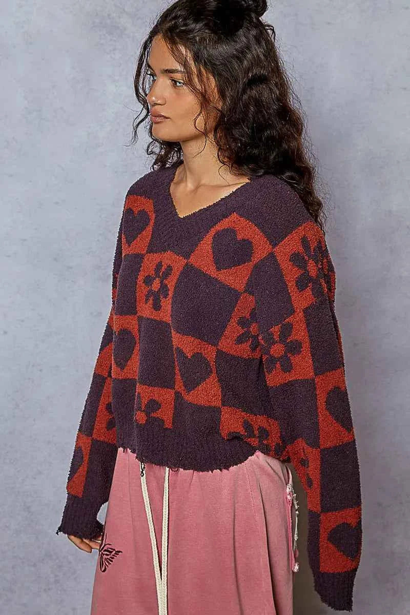 POL V-Neck Heart Pattern Checkered Sweater f1c3a617-f55d-435e-9ce6-37f4ad5fa119-Max-Origin