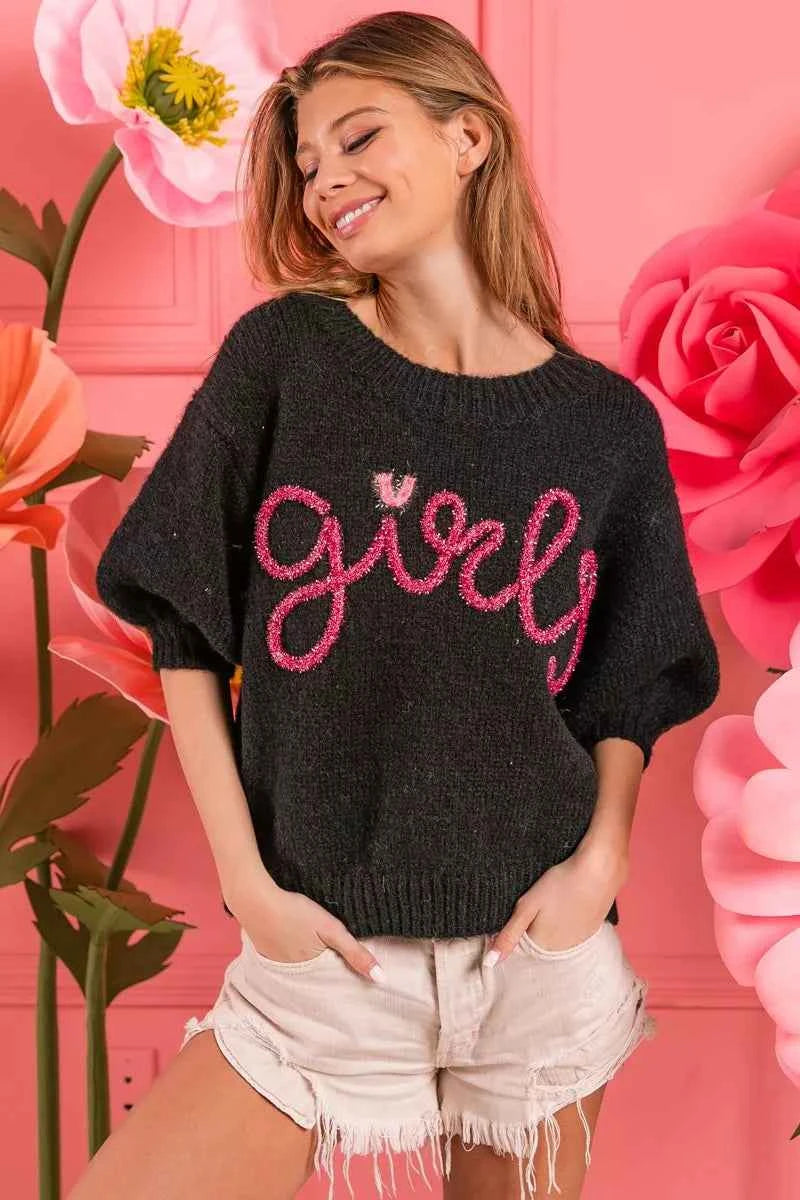 BiBi Metallic Letter Short Puff Sleeve Hairy Sweater Black f1c8978b-5a82-40a5-ba19-24258e2c611d-Max-Origin
