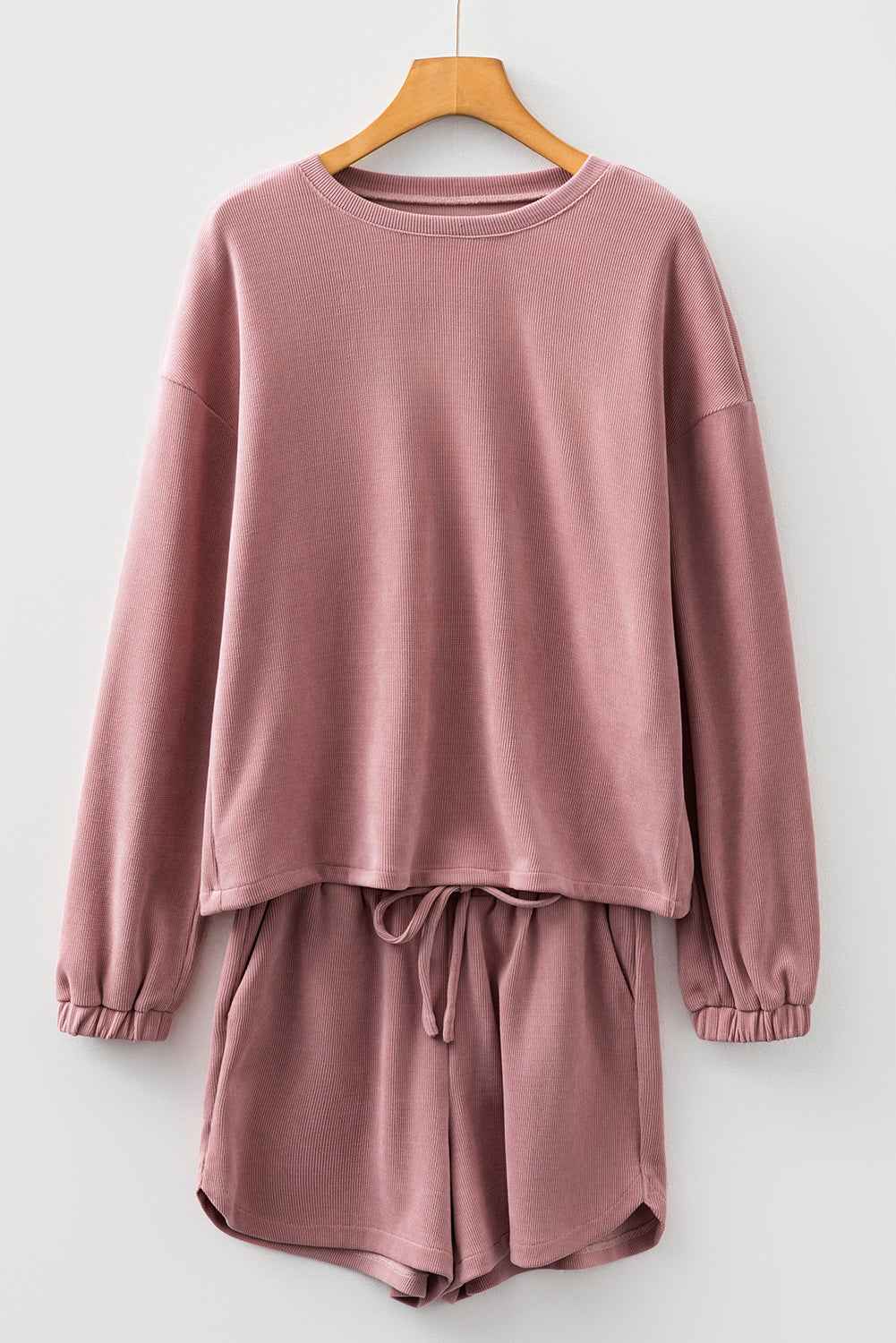 Fushia Textured Knit Drop Shoulder Pullover Drawstring Shorts Set f1e8f8ef7f418f58