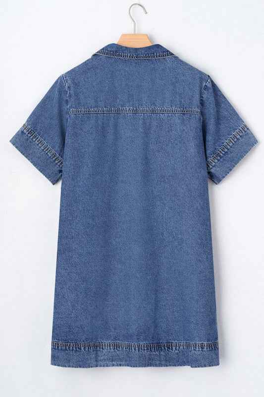 Solid Denim Collared Patch Pocket Mini Dress f1ea24ae-1398-4e63-88a9-9a991c1a7145