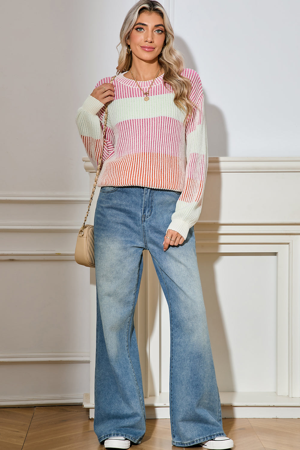 Pink Colorblock Lantern Sleeve Rib Knitted Sweater Pink 60%Cotton+40%Acrylic f1ebb4fdcf4a6fcb