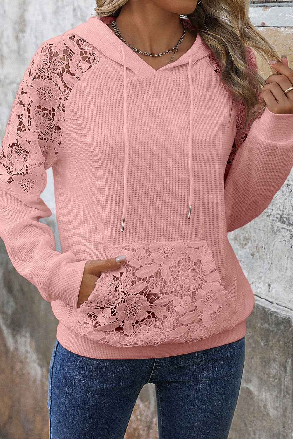 Gossamer Pink Lace Patchwork Raglan Sleeve Kangaroo Pocket Waffle Hoodie f1feca6801d6683b