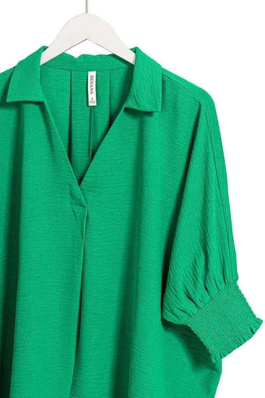 Zenana Airflow Collar Tee with Smocked Sleeve Band Top f200a4589b184c1eab0445dffab32675-Max-Origin