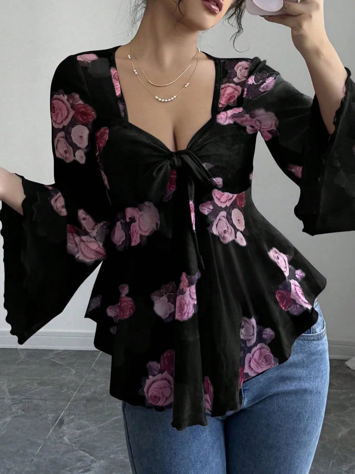 Floral Tie Front Flare Sleeve Blouse Black f20afdda-86df-495f-b7c8-52f309fab2fa-Max-Origin