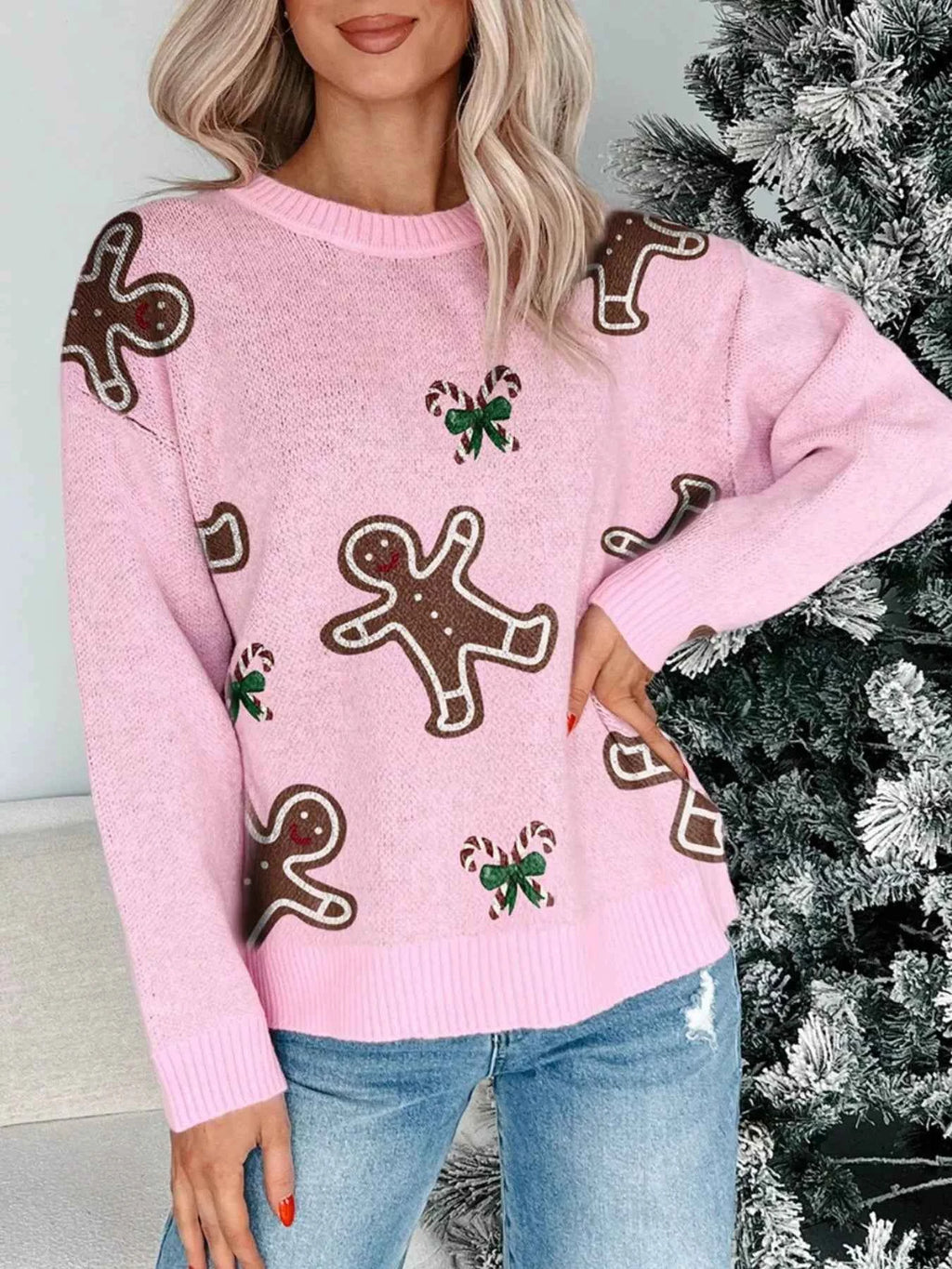 Christmas Ginger Bread Man Round Neck Casual Sweater f22b6642-0bbf-4113-97b1-bfba2231dcaf-Max-Origin