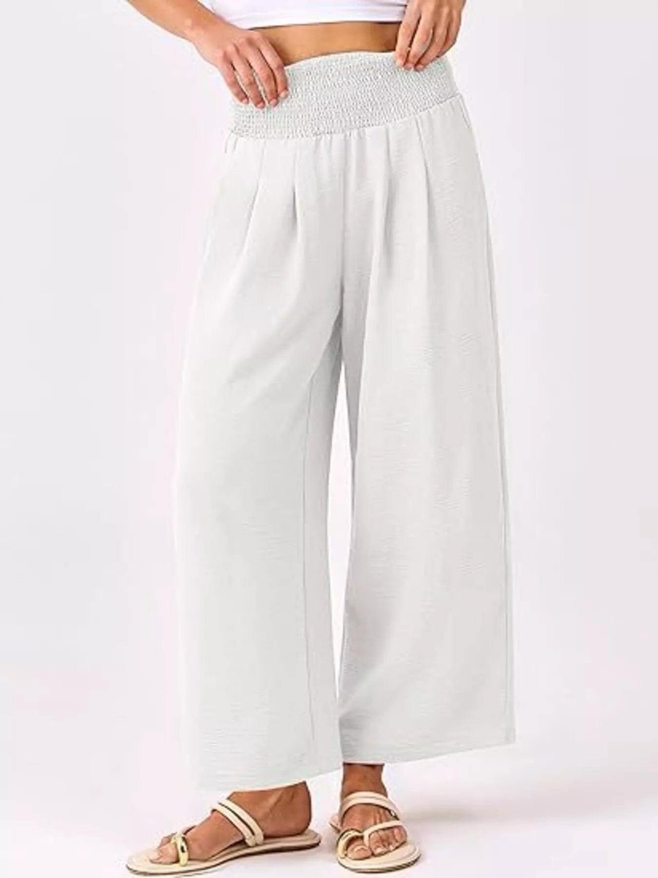 Wide Leg Smocked High Waist Pants White f23956383d474d7a99bd13488a2b366d-Max-Origin