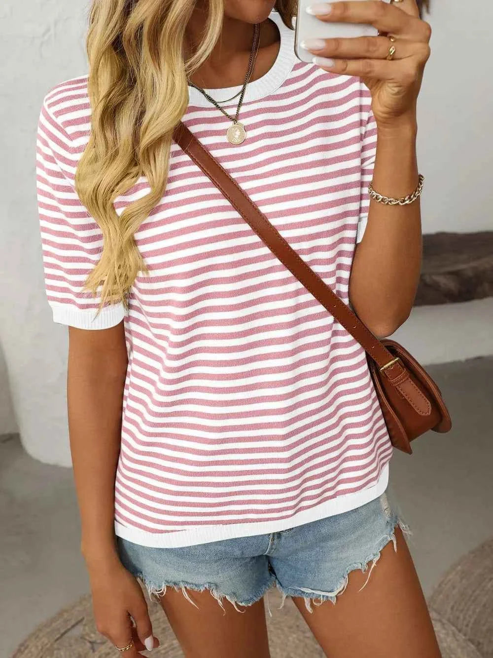Mandy Striped Round Neck Half Sleeve Knit Top f23f7ff5-d827-43cb-8ca9-922785702035-Max