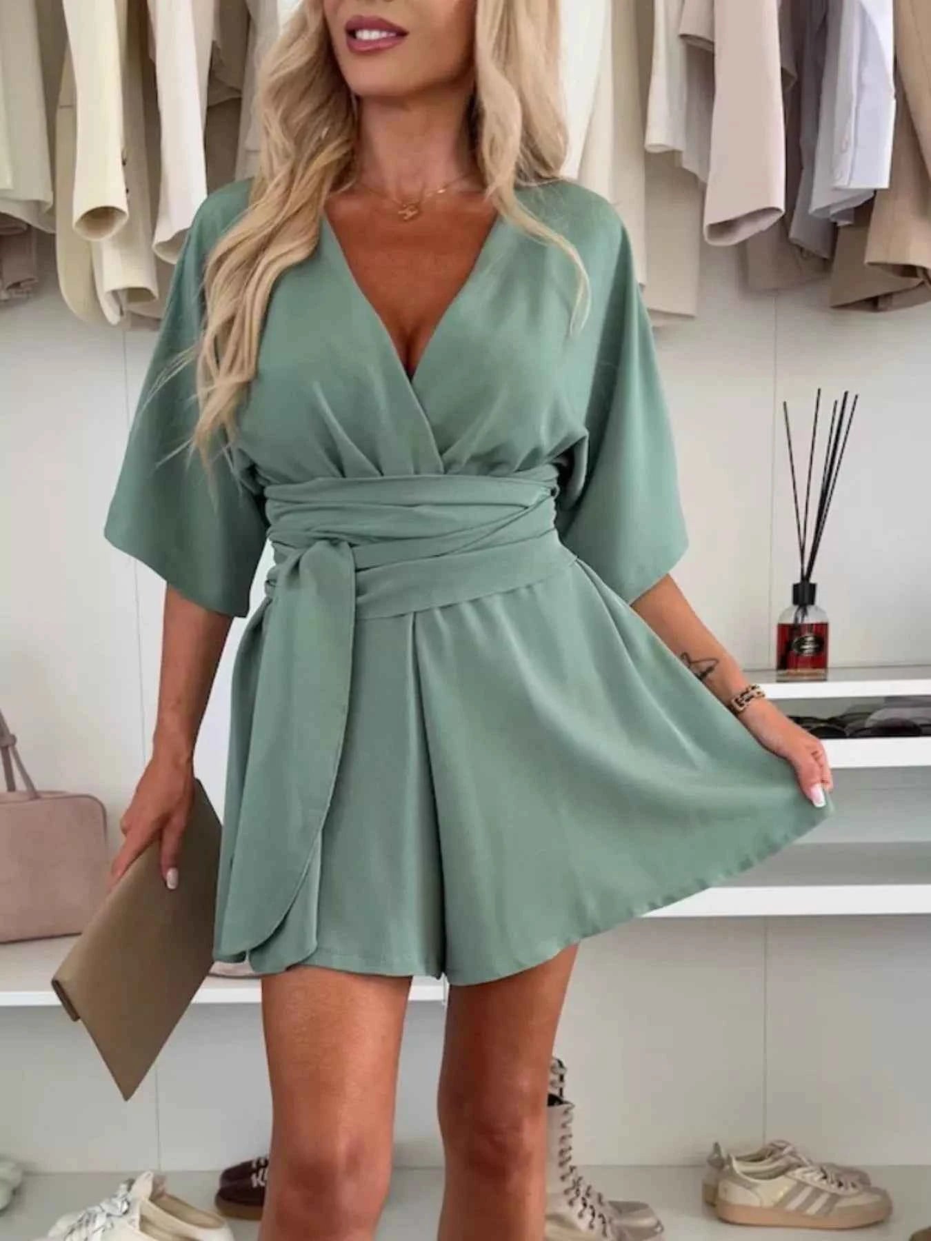 Full Size Surplice Tie Waist Romper Plus Size Green f24ab8ea-af0b-40aa-a246-19b8600ac030-Max-Origin
