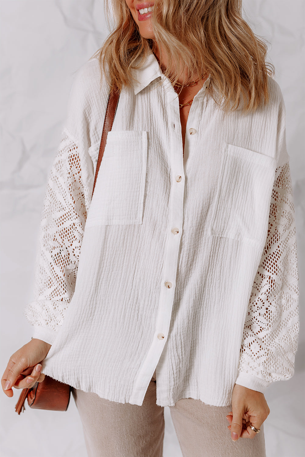 White Cotton Gauze Lace Patchwork Long Sleeve Shirt White 100%Cotton f24ca30bbc4ee560