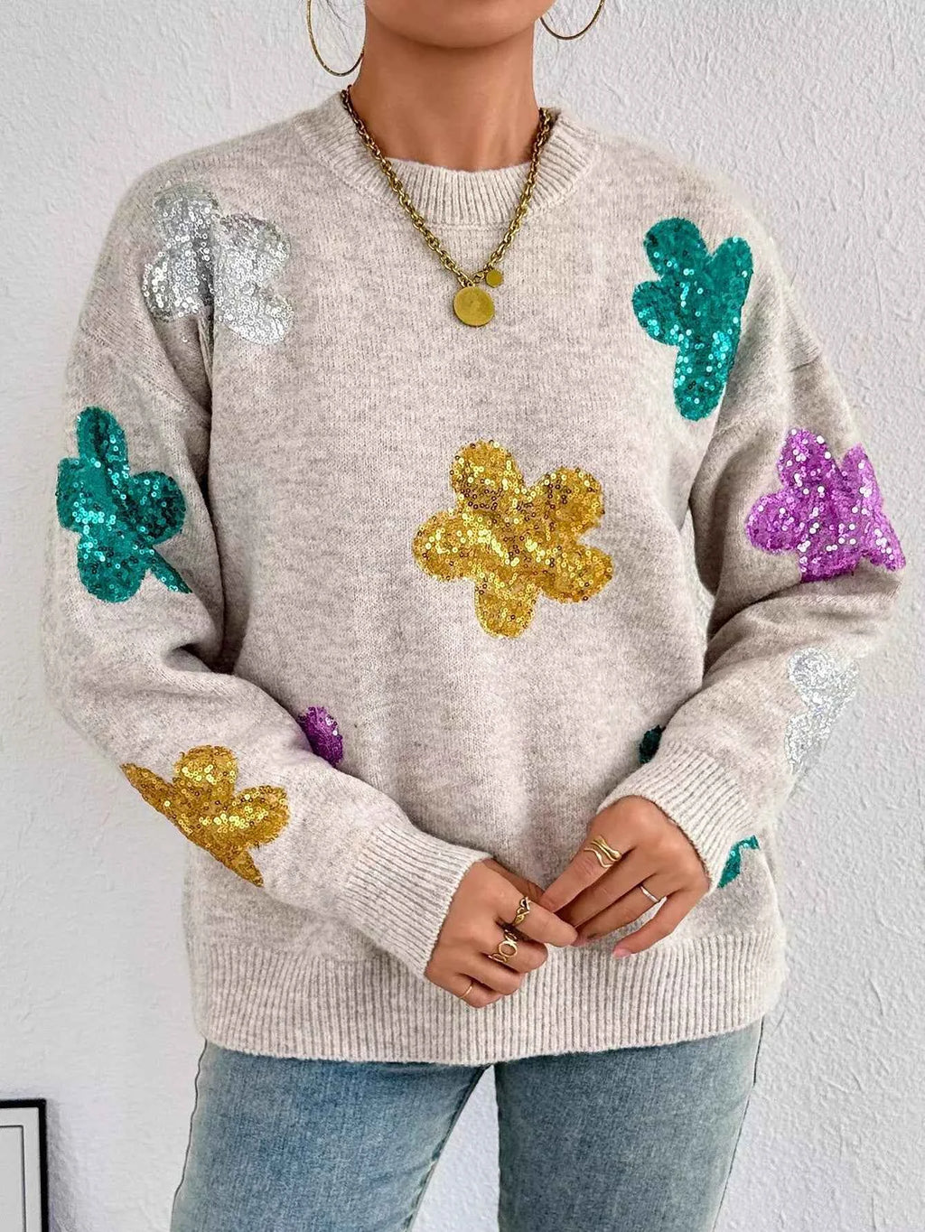 Sequined Floral Round Neck Sweater f25974dd-6269-471a-9dae-b75d7f0cb847-Max-Origin