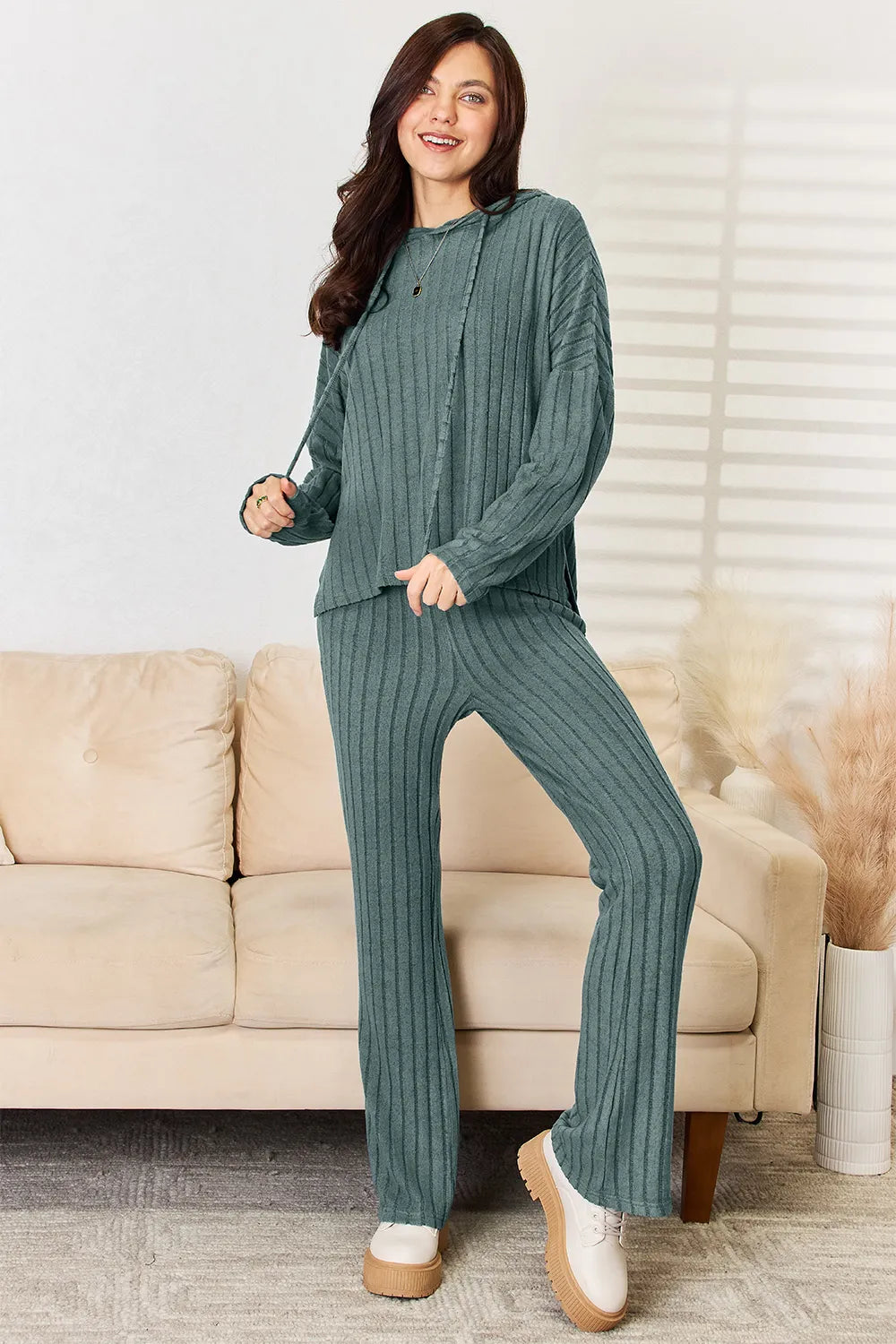 Basic Bae Full Size Ribbed Drawstring Hooded Top and Straight Pants Set Deep Teal f265f923-60c8-4b5f-8b6c-0ad090f2c699-Max