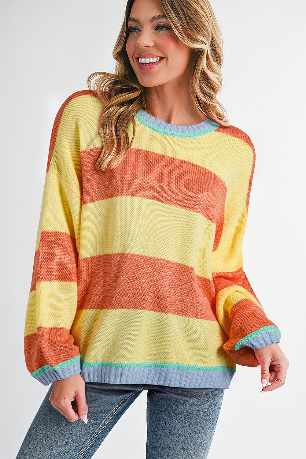 Yellow Stripe Contrasting Trim Round Neck Oversized Sweater f2759a3750bdd4f0