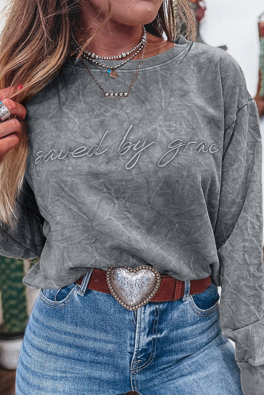 Sea Green saved by grace Letter Embroidery Mineral Wash Loose Sweatshirt f276fcf489907a7b