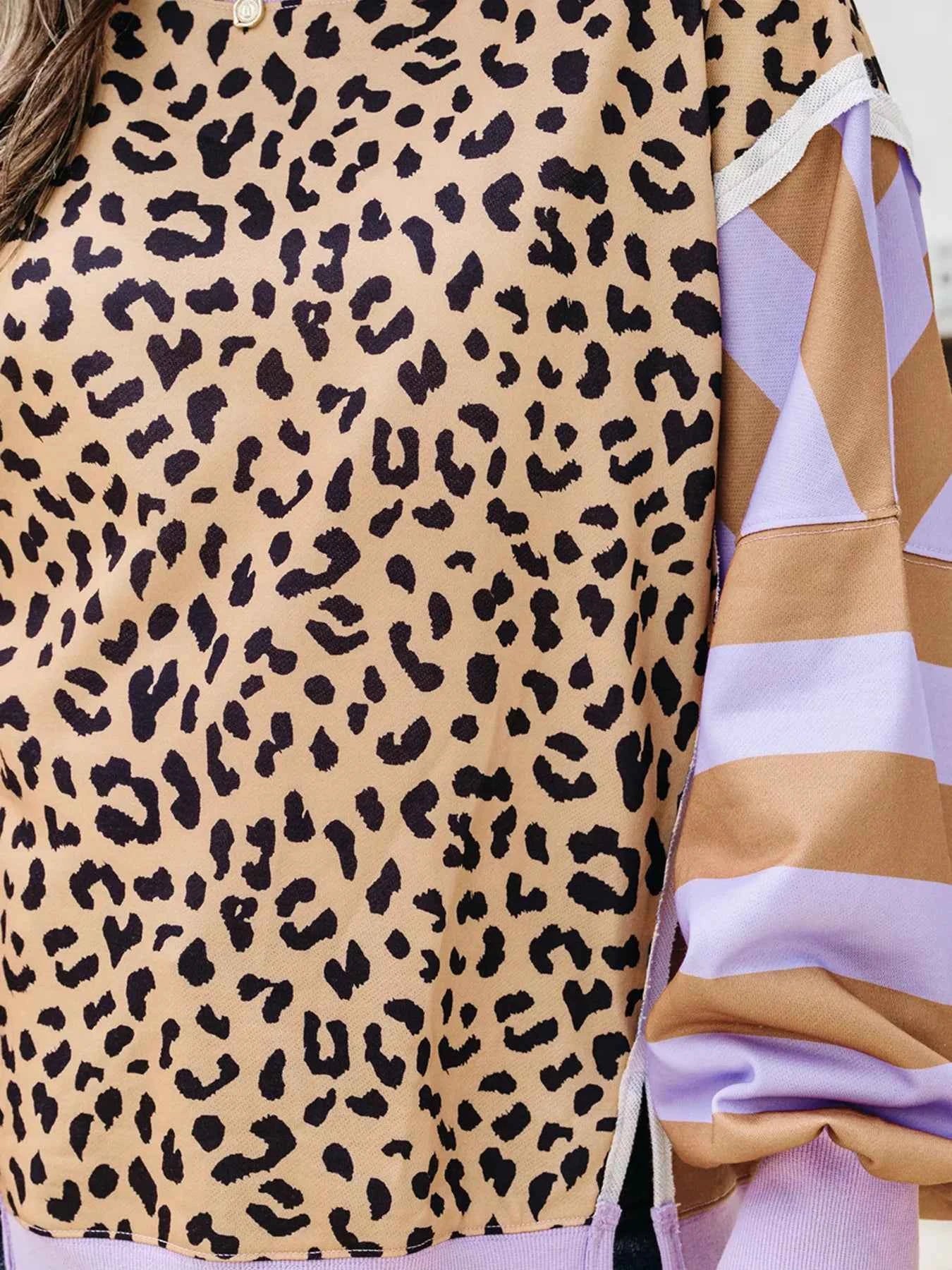 Stripe Color Block Patchwork Leopard Casual Sweatshirt with Slits f27eca8814724b75ad74db16bcdb2c66-Max-Origin