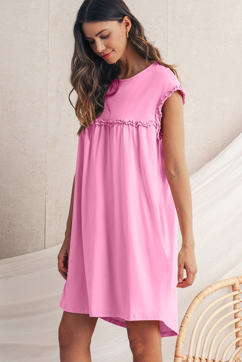 Mint Green Frilled Trim Crewneck Loose Fit Mini Dress f28eda35e15f434a