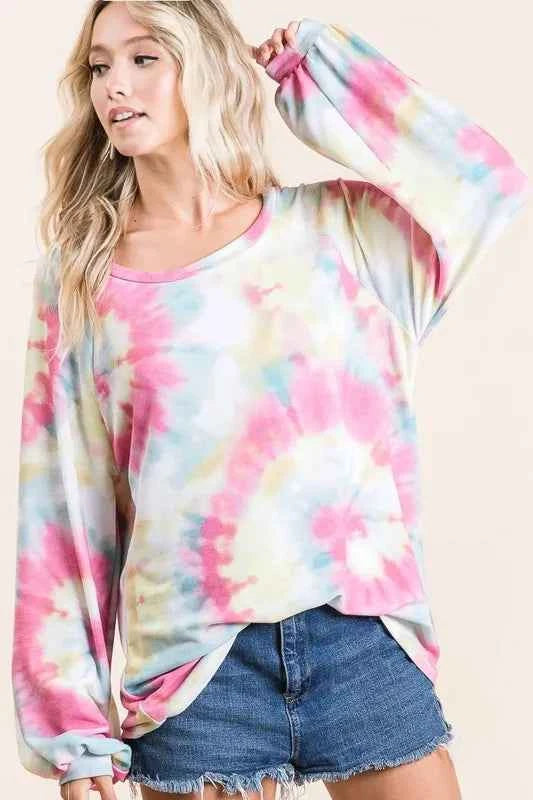BiBi Tie Dye Print Terry Top With Puff Sleeves PINK MULTI f29523597c244ebeb4c11d414ef97cd3-Max-Origin