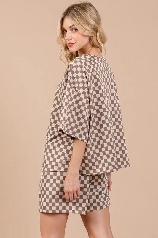 Ces Femme Checkered Round Neck Top and Shorts Set f2997e5e-d8ec-4118-81e3-83553bb37b9b-Max