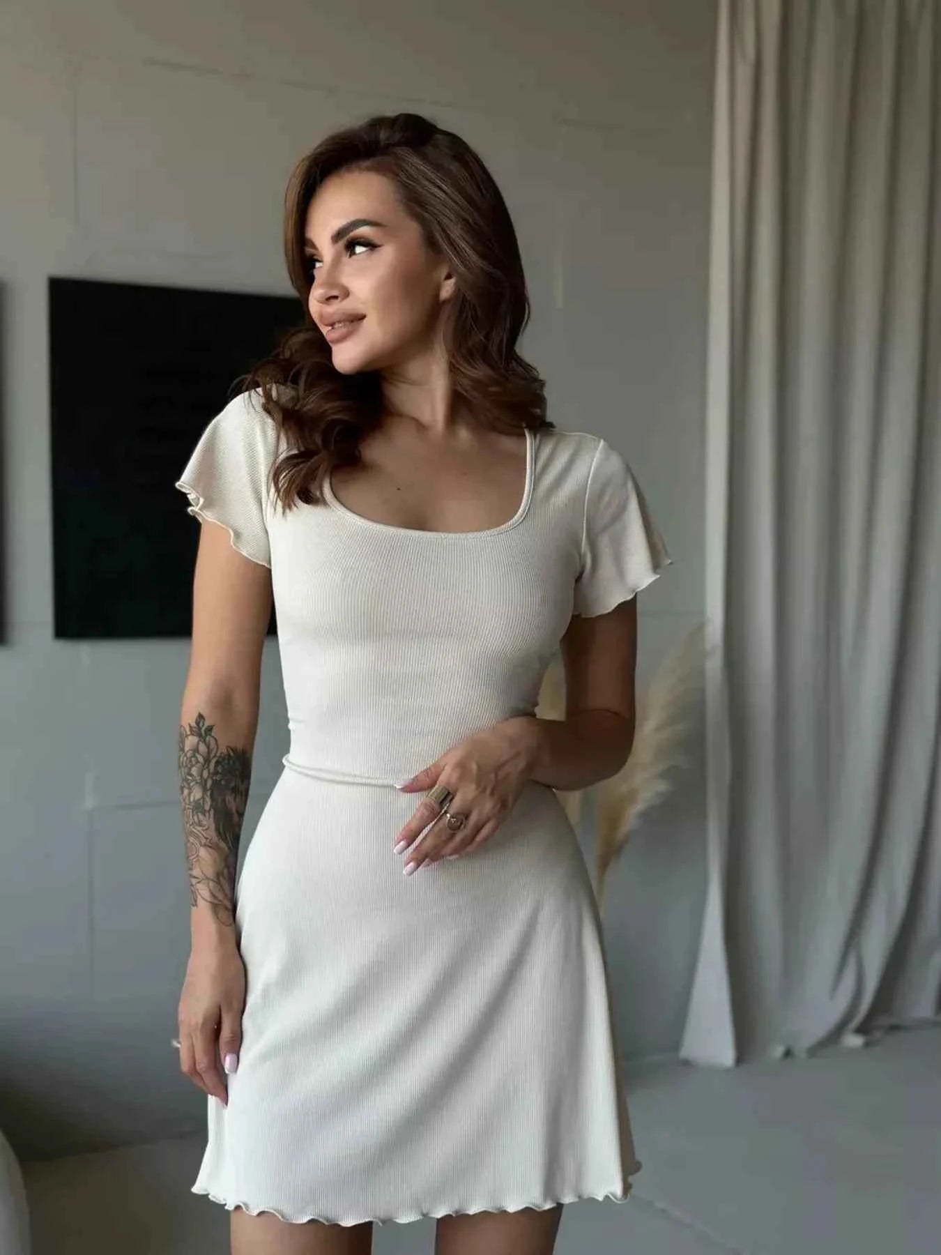 Ribbed Back Lace Up Short Sleeve Mini Dress White f2a76482-1ec5-4539-88bb-80b6887197c0-Max-Origin